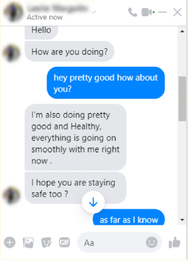 A screenshot of a Facebook Messenger conversation with a scammer impersonating a friend of mine