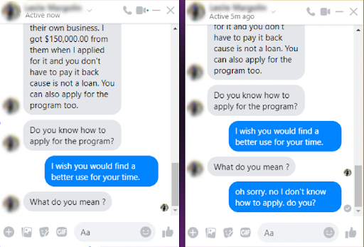 Screenshots of a Facebook Messenger conversation during which a scammer, impersonating my friend, tries to entice me with a $150,000 grant.