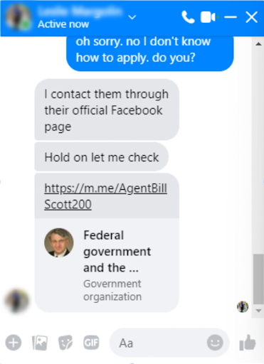 Screenshot of a Facebook Messenger conversation in which a scammer, impersonating my friend, directs me to a fake Facebook profile impersonating an employee of the U.S. National Institutes of Health