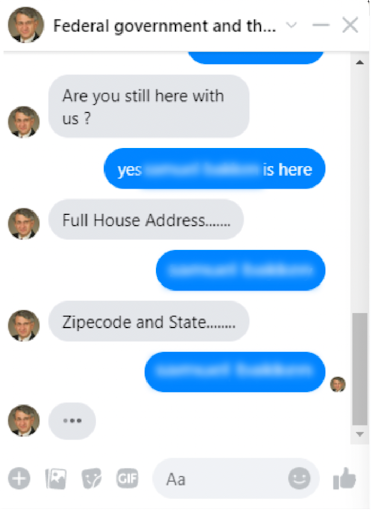 Screenshot of a Facebook Messenger conversation with a scammer impersonating a U.S. government employee and asking me for personally identifiable information under the guise of a grant application