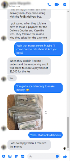 Screenshot of a Facebook Messenger conversation with a scammer impersonating a friend of mine trying to reassure me that the scam they directed me to was legitimate.